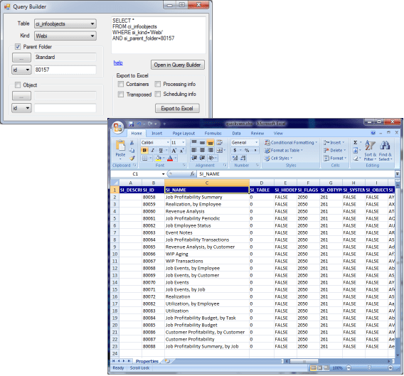 Infostore Query Builder export Excel